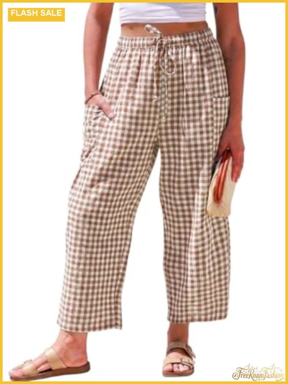 Women's Wide Leg Palazzo Pants Gingham Drawstring Elastic Waist Boho Beach